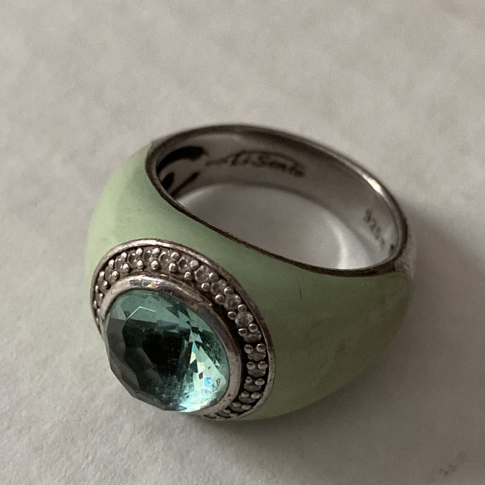 TI SENTO Milano 925 Sage Green Enamel Statement Ring 8 Aqua and Diamonds Stones